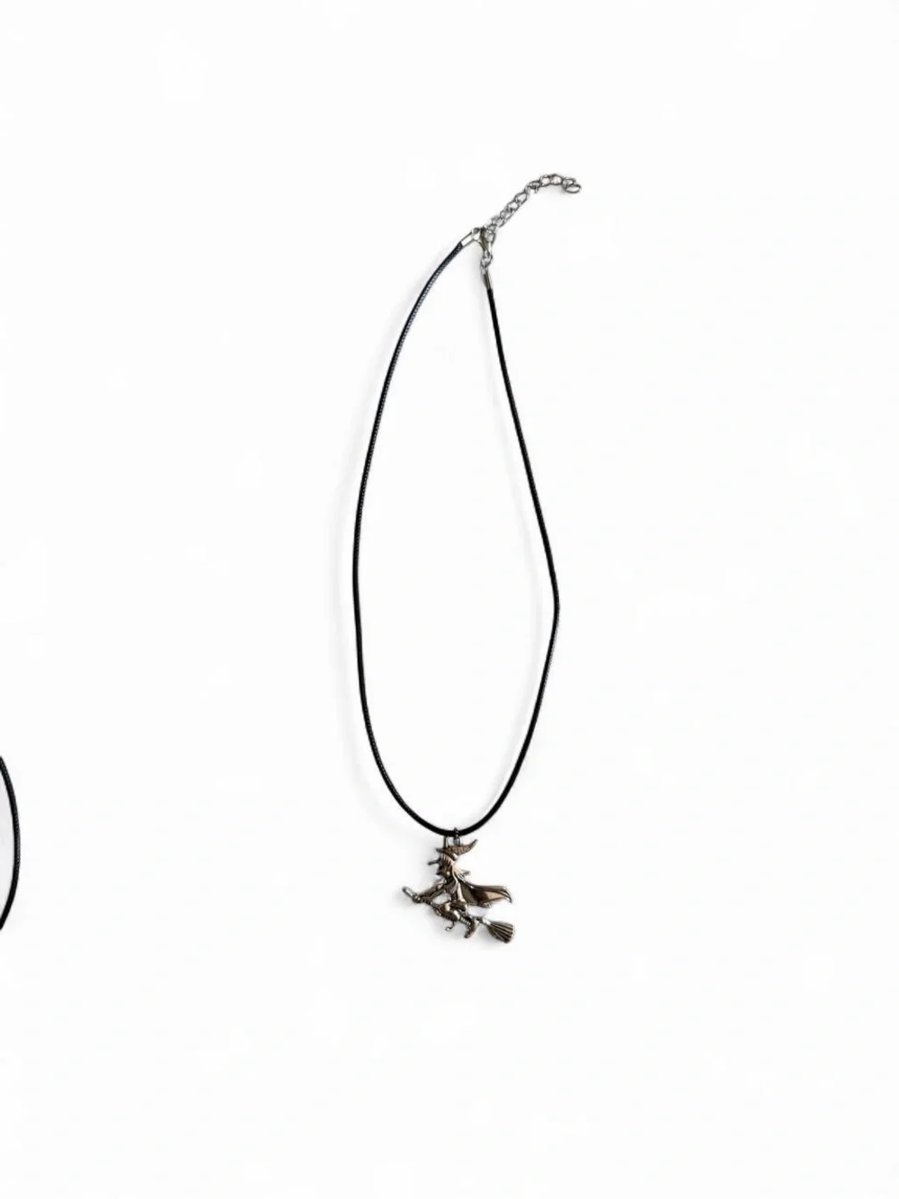 Handmade Flying Witch Cord Necklace Silver Pendant Halloween